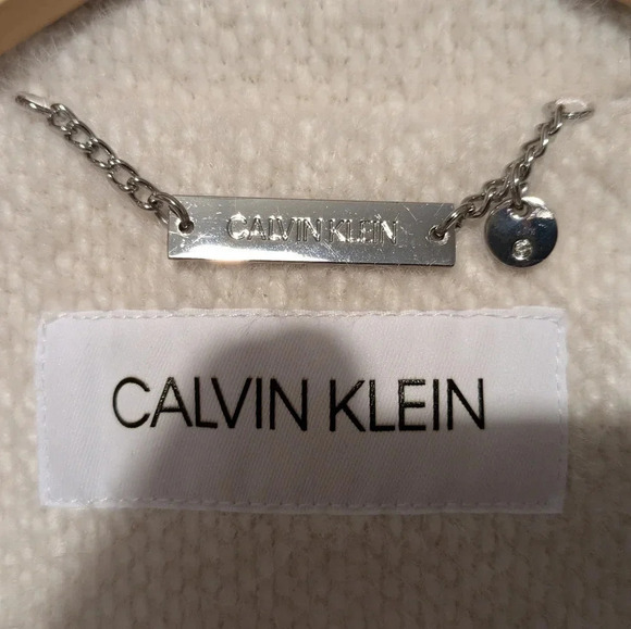 Calvin Klein belted asymmetrical furry off white coat jacket, size L, like new! - Picture 7 of 15